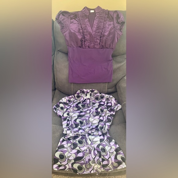 Lot of 2 sz Small tops shirts blouse satin purple retro print - Picture 1 of 9